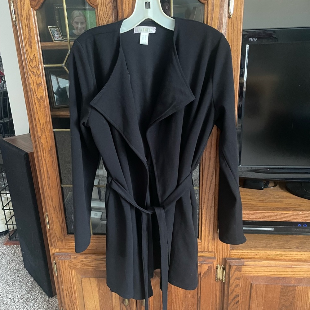 Revamped long sleeve, wrap style, knee length jacket. Size small